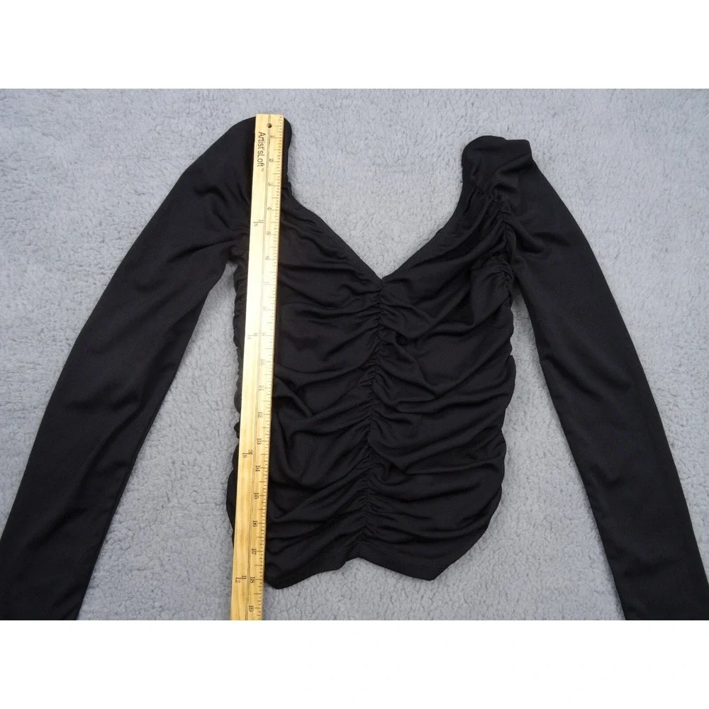 Zara Womens Top Size Small Black Ruched Front Back Long Sleeve Double V-Neck NWT